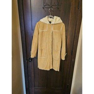 Gap Vintage Y2K Women's Faux Suede Sherpa Beige Long Hooded Coat Size XXL 2XL